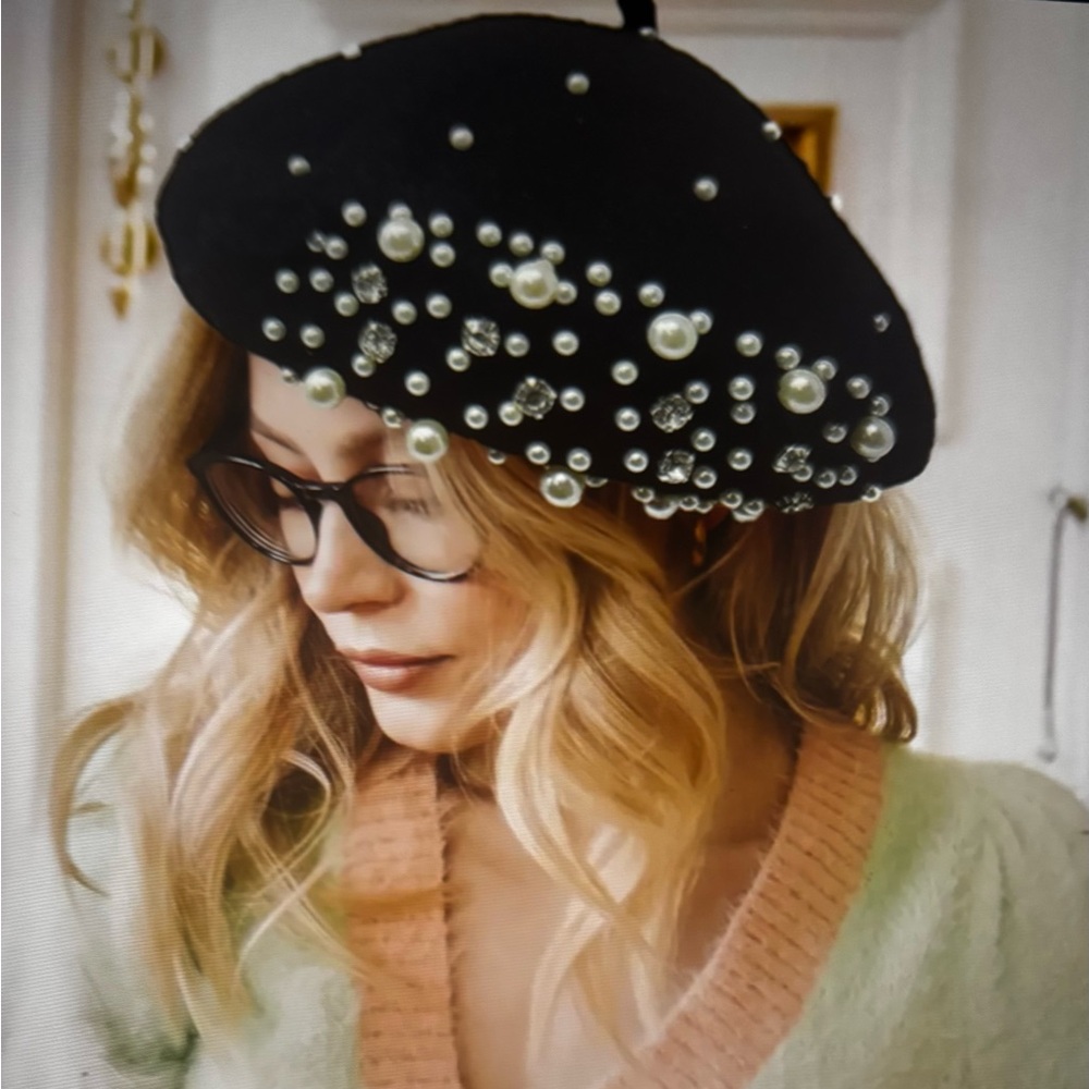 Pearl Stone Embellished Wool Blend Beret